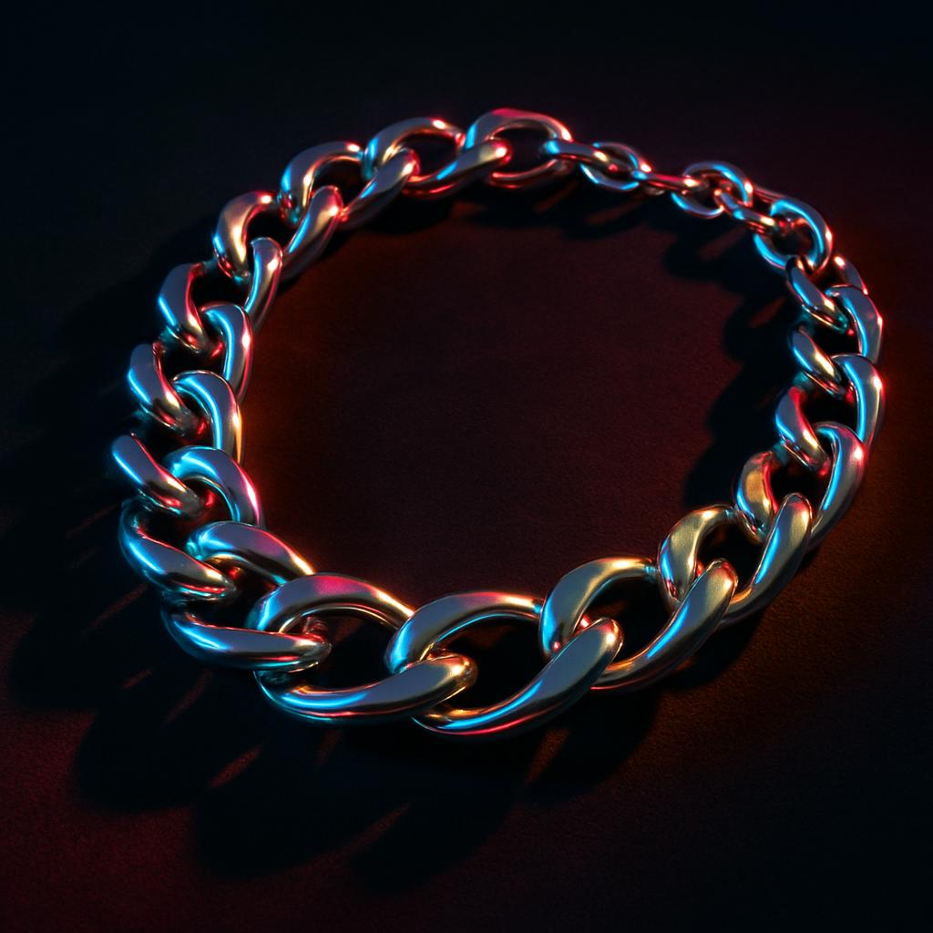 A metallic chain encircles a dark, circular object, evoking a sense of modernity and design.