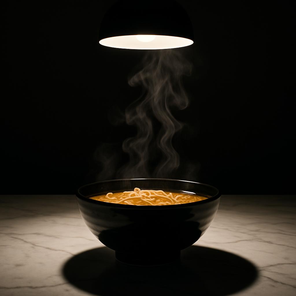 A steaming bowl of noodles, lit by a small overhead light, set against a white marble countertop.